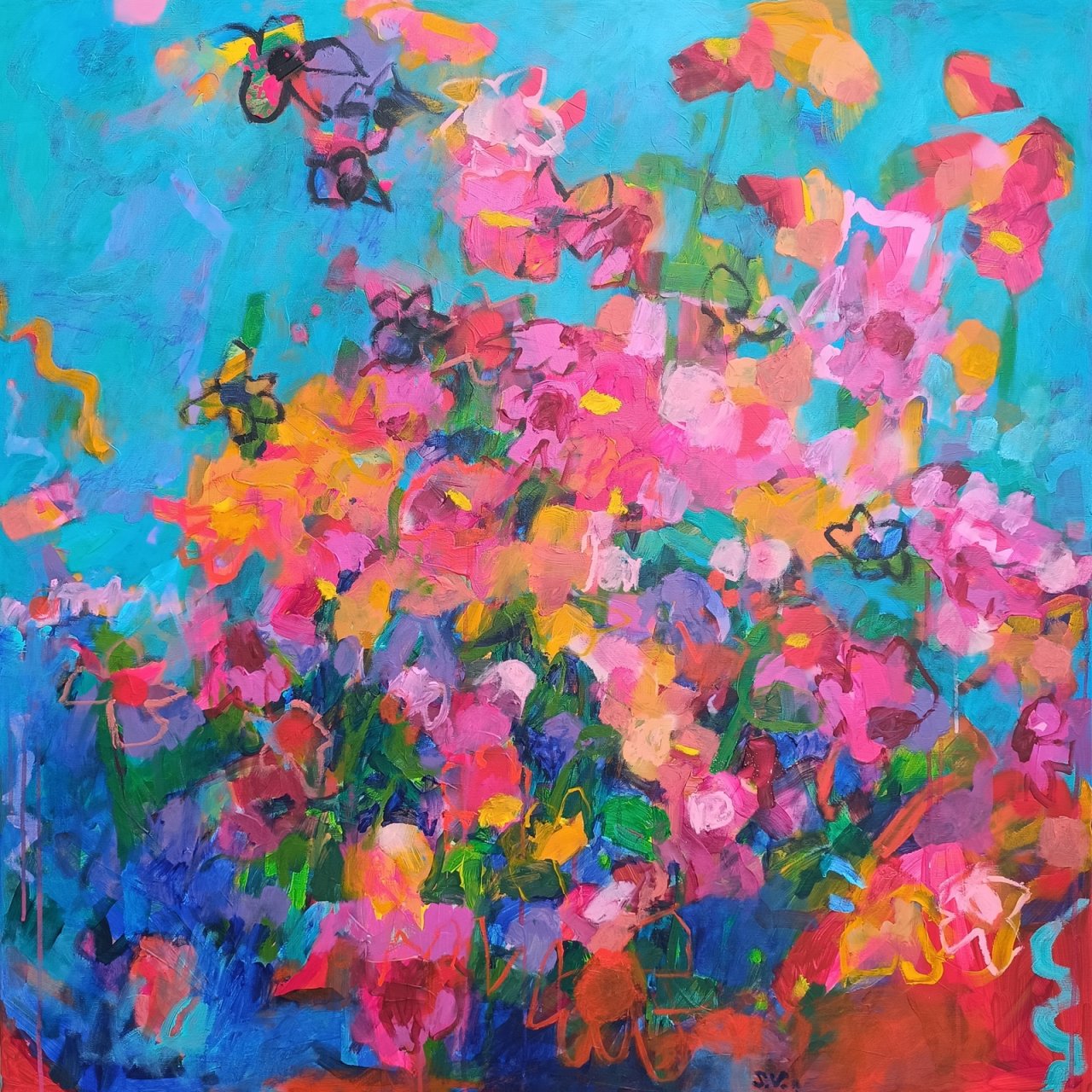 Reprodukce abstraktního obrazu s tyrkysovým nebem, čtvercový formát 100 × 100 cm, dynamická barevná kompozice