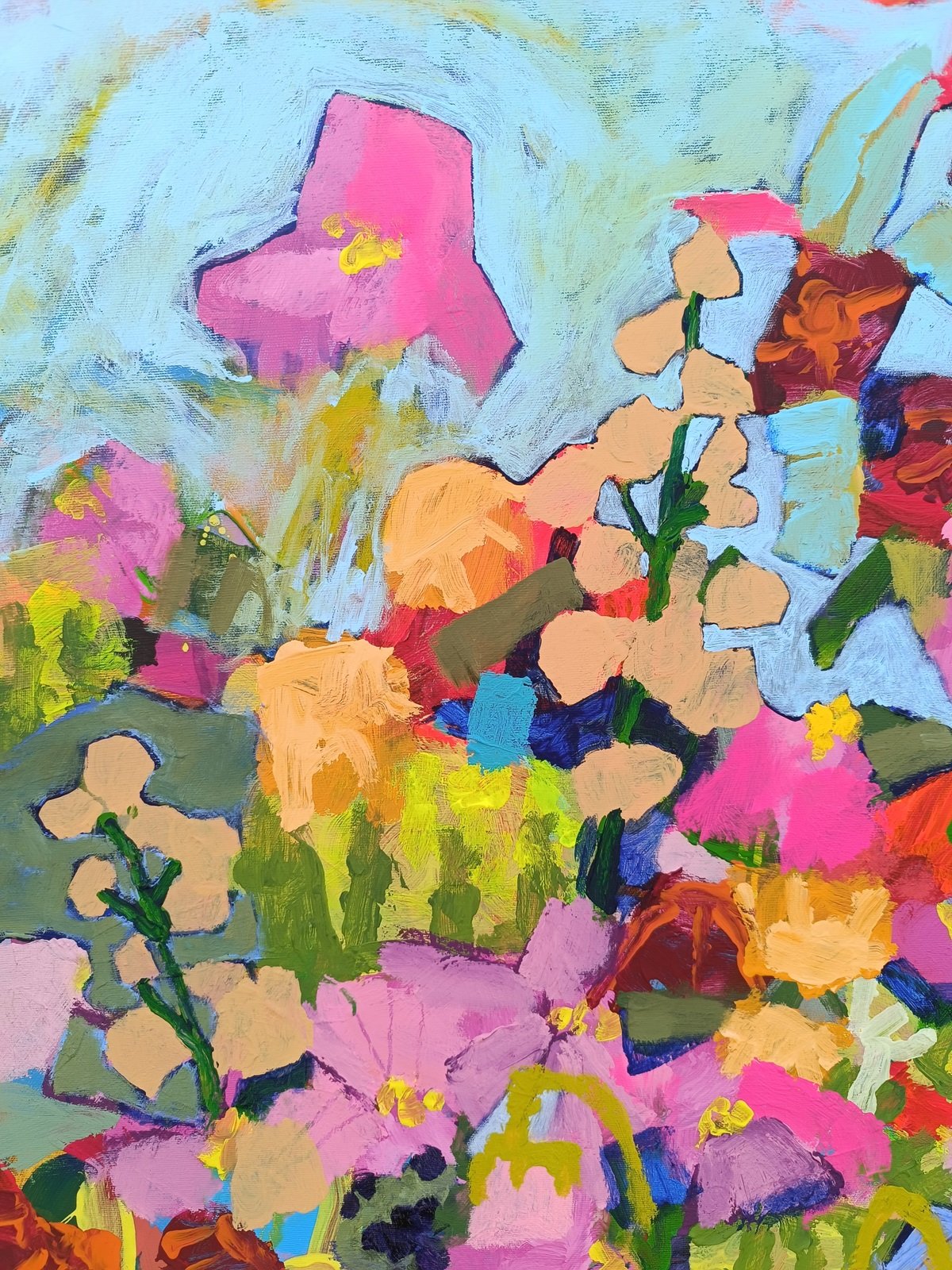 Detail reprodukce abstraktního obrazu, drobné květy v červených, růžových, fialových a žlutých tónech, textura malby