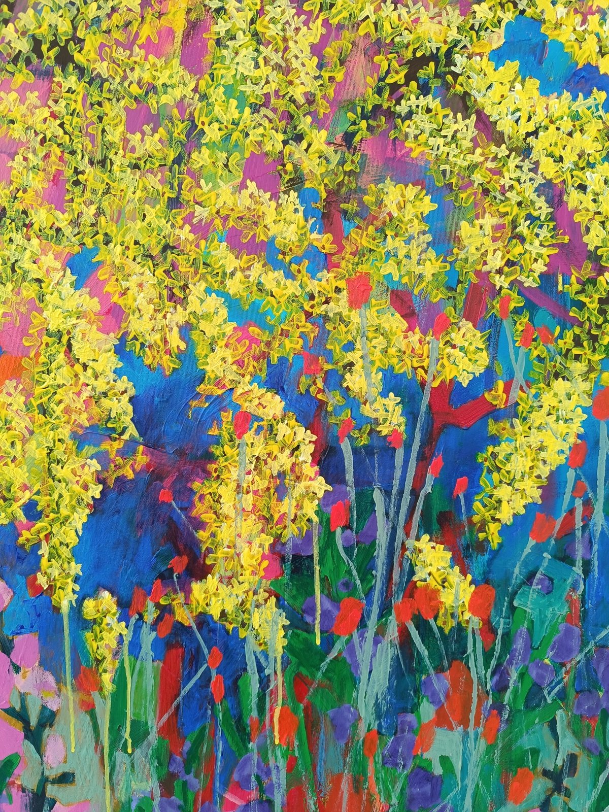 Detail reprodukce abstraktního obrazu, hyacinty, narcisy a růžové a fialové květiny, jemná textura a vrstvení barev