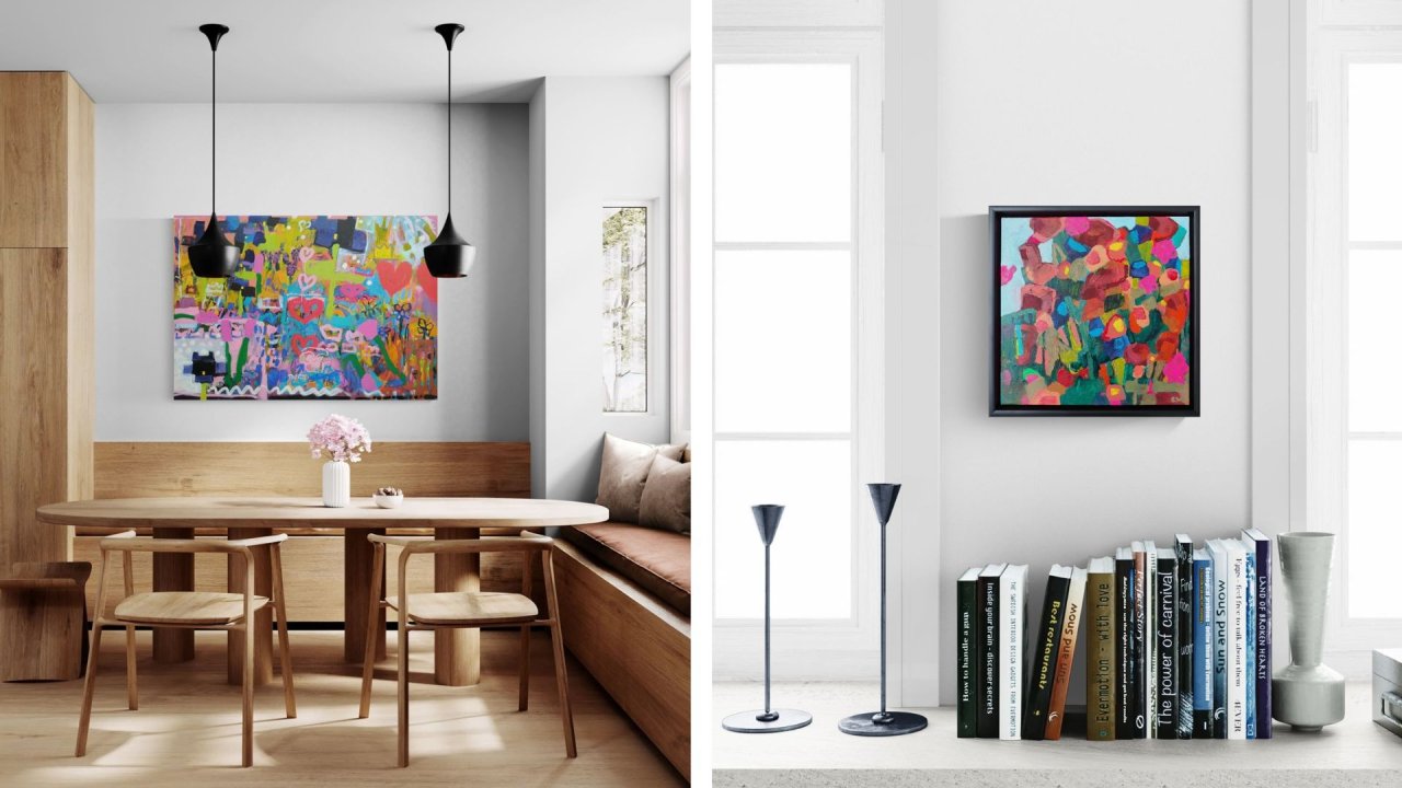 srovnání velkého a malého květinového obrazu v jídelně nad jídelním stolem srovnání velkého a malého květinového obrazu v jídelně nad jídelním stolem