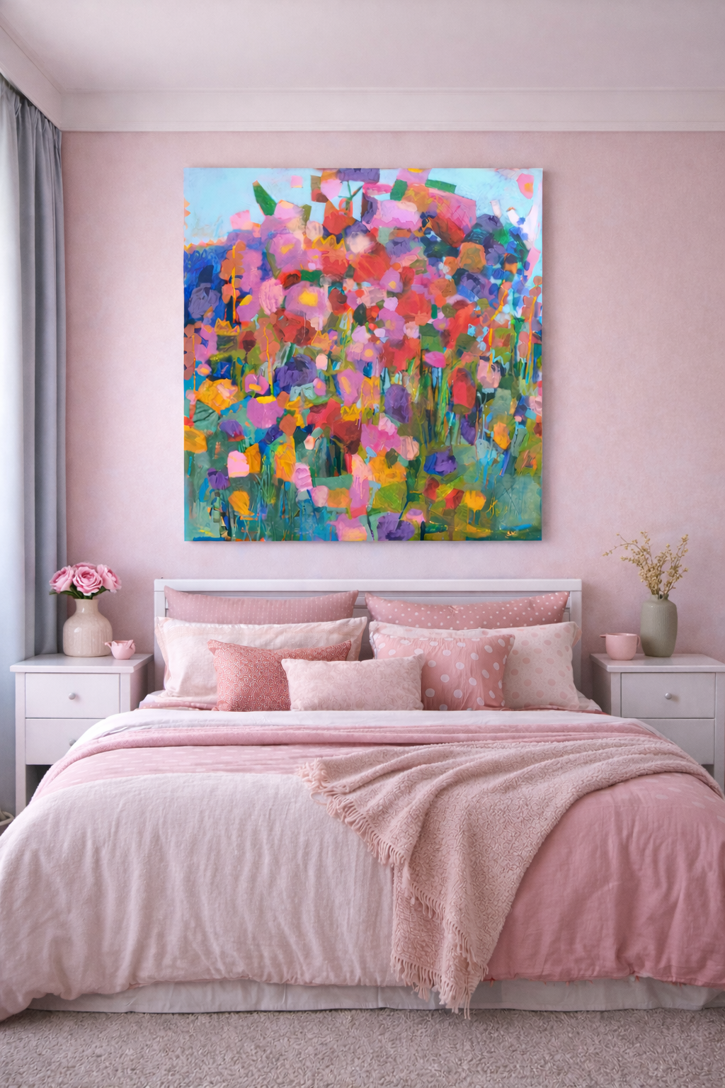 velkoformátový květinový obraz v ložnici laděné do růžových tónů velkoformátový květinový obraz v ložnici laděné do růžových tónů