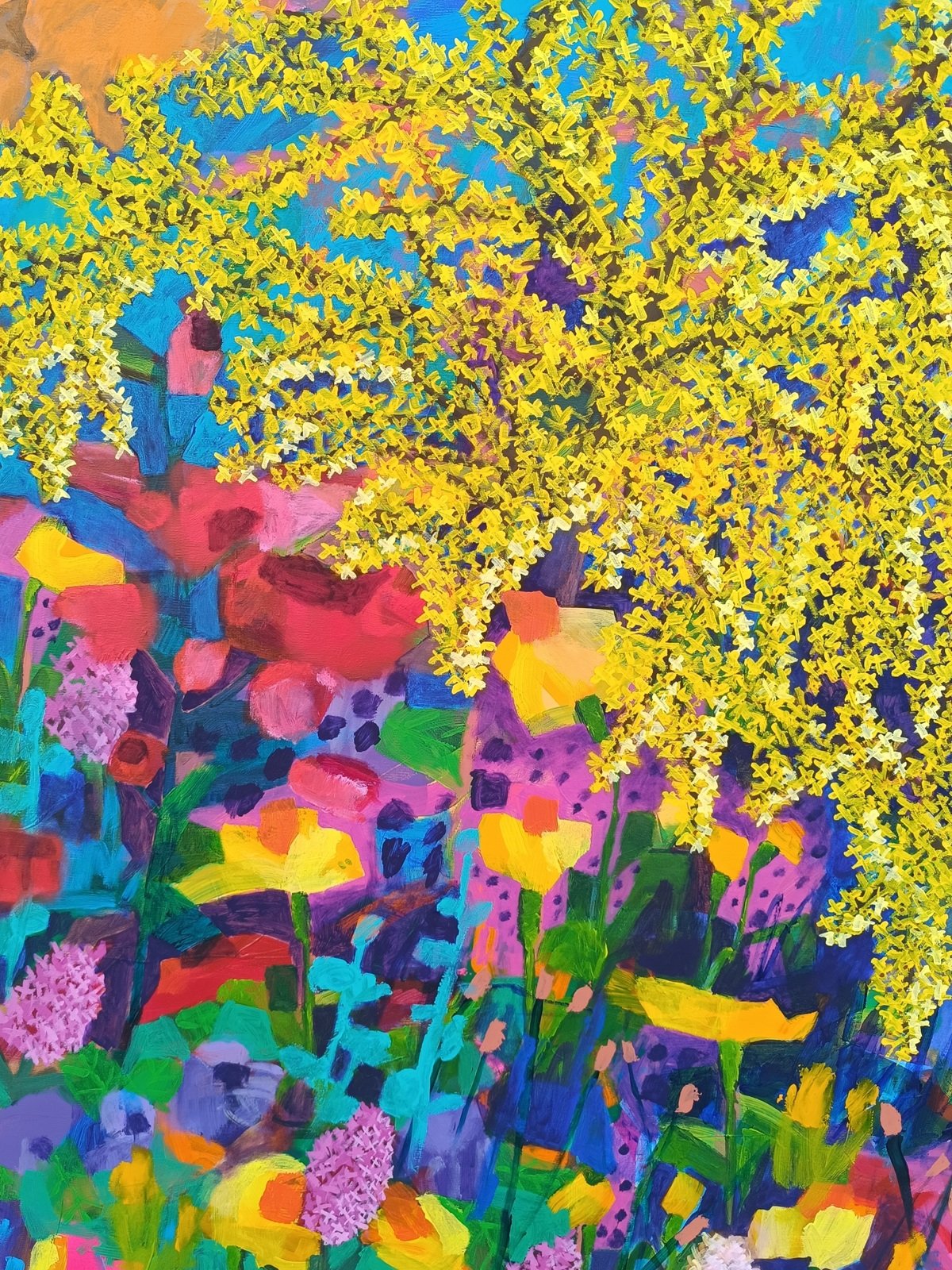 detail abstraktní květinové malby s hustou vrstvou barev