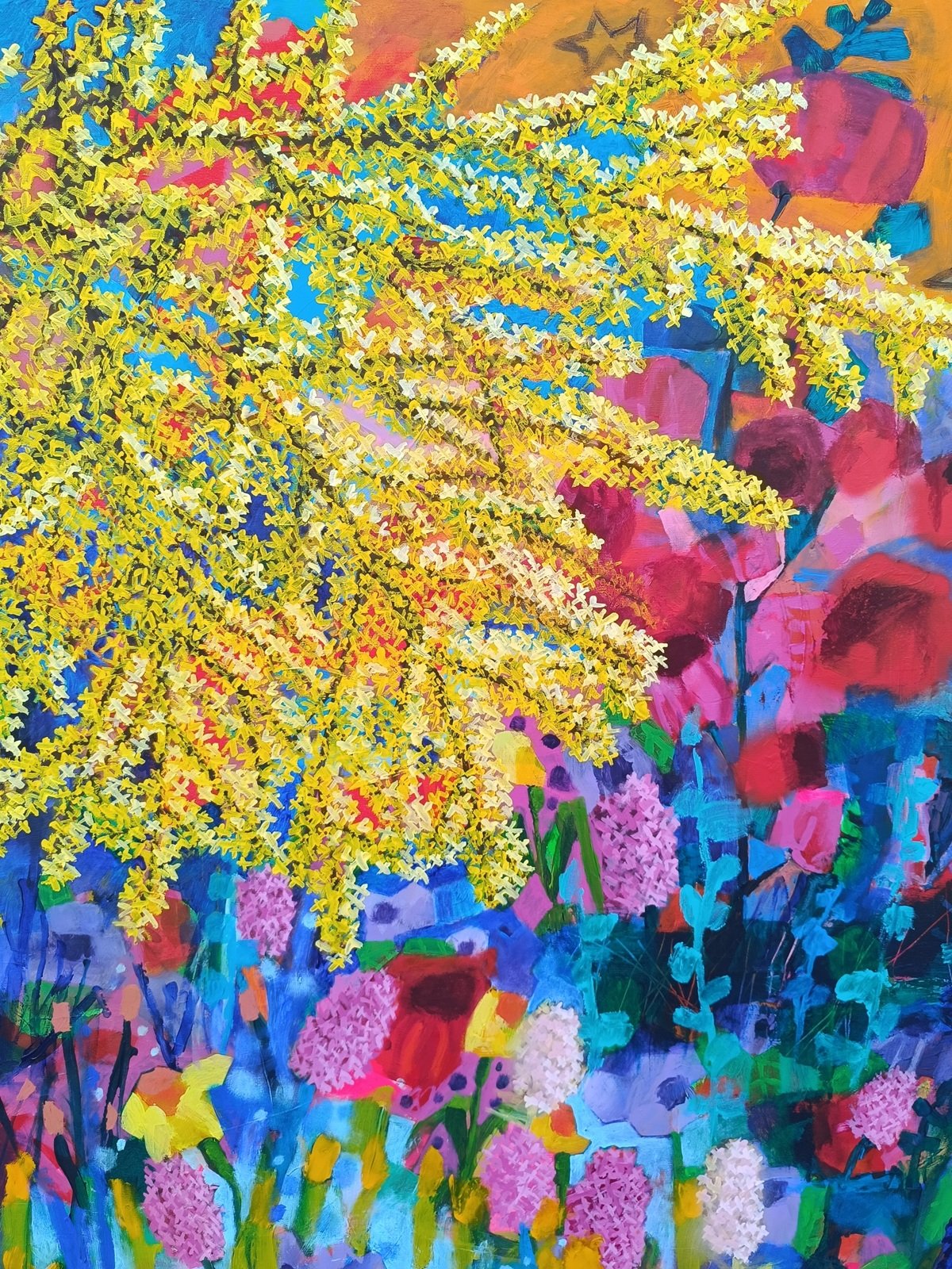 struktura akrylové malby květin s výraznými tahy štětce