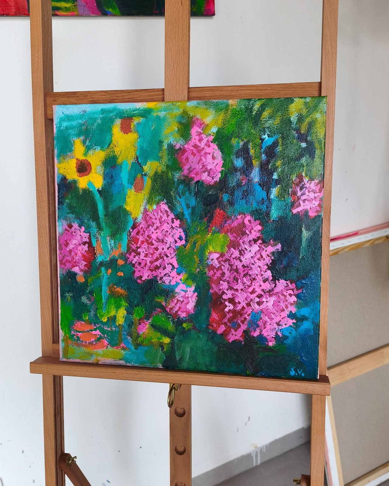 Růžové hyacinty a žluté narcisy. Obraz se zahrádkou, typickou pro Velké Pavlovice. 