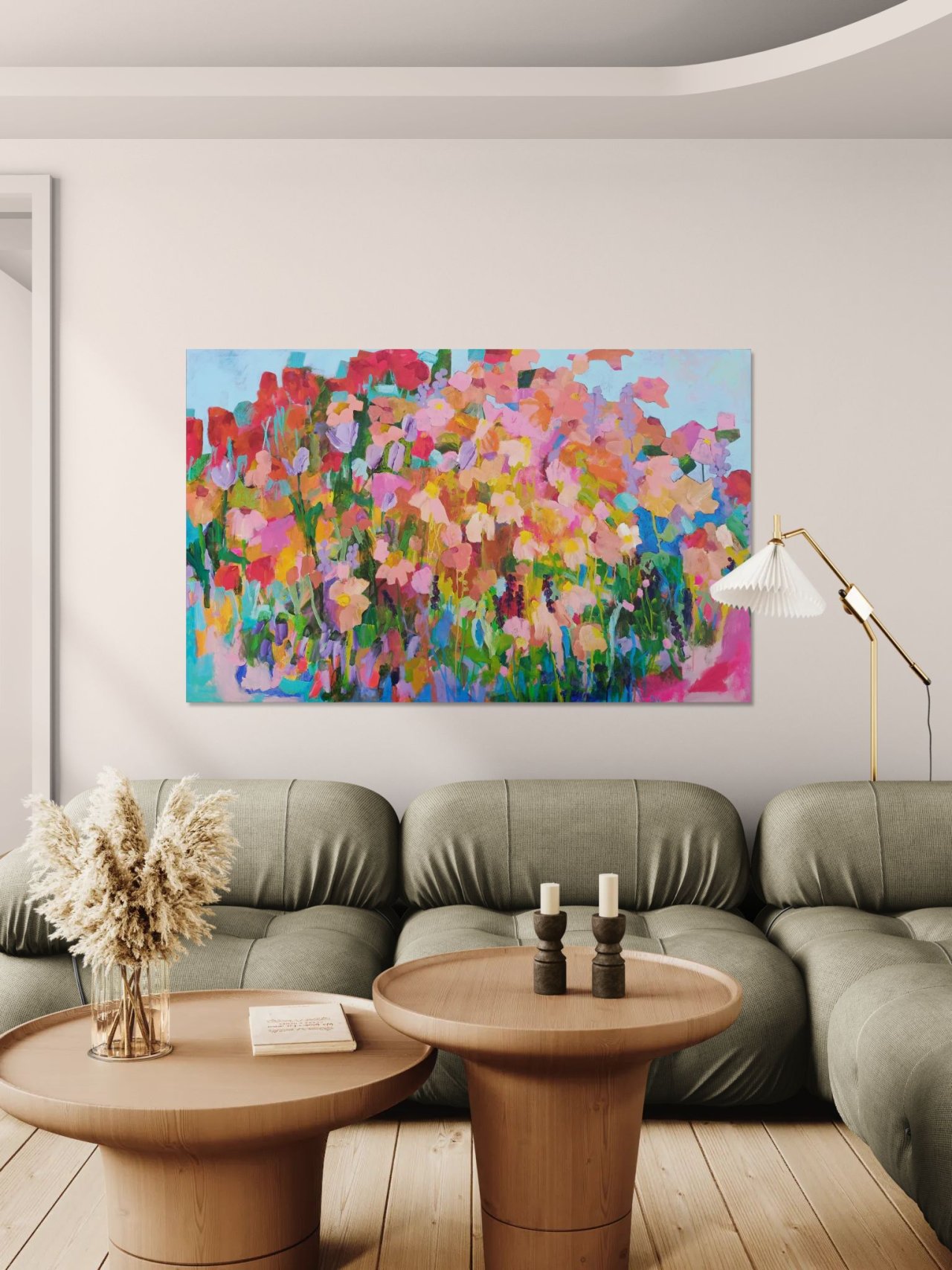 Abstraktní květinový obraz jako reprodukce v interiéru, modré nebe a jemná barevná kompozice pro klidnou atmosféru