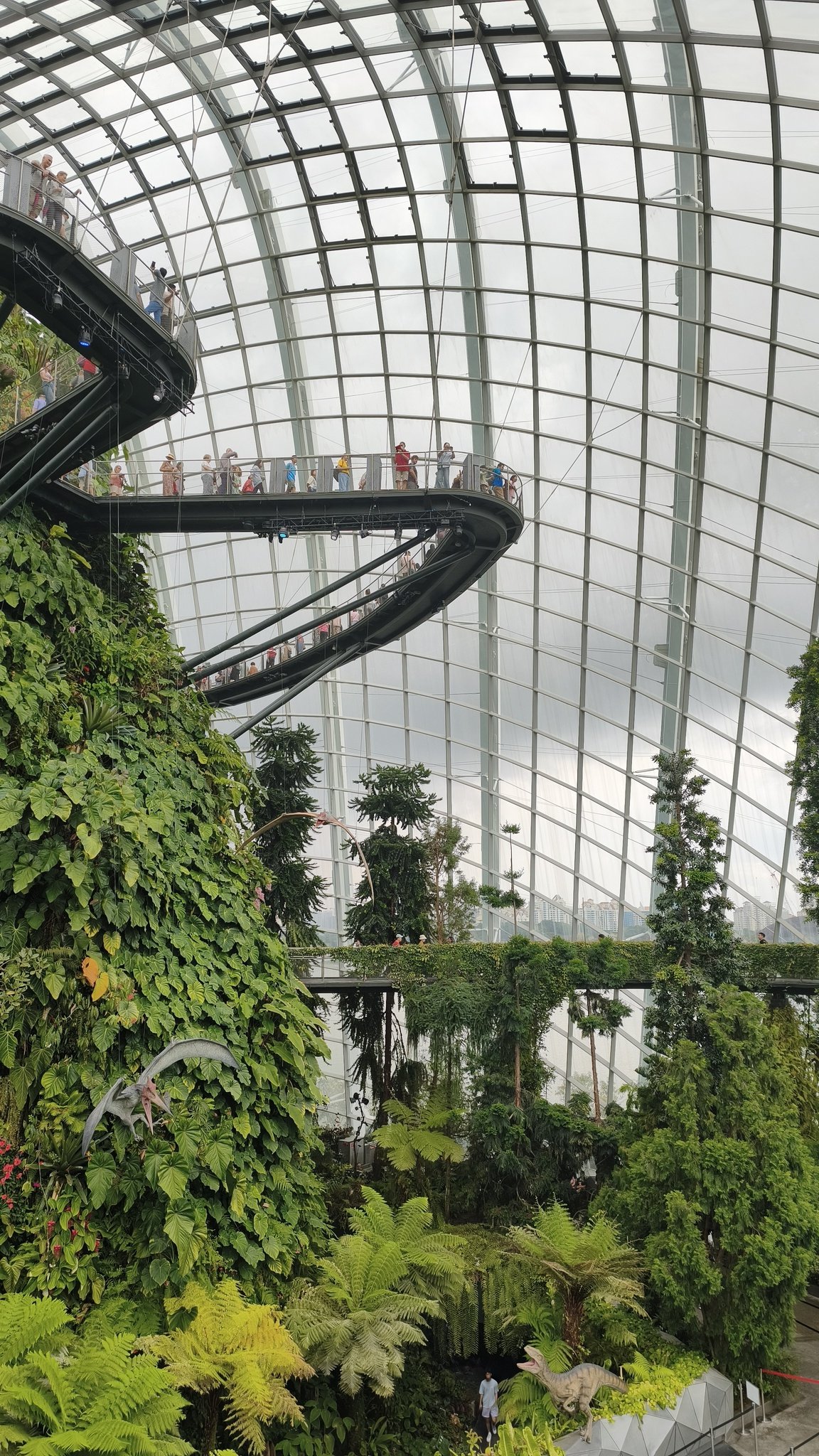 Tropické rostliny a lávky uvnitř skleníku Cloud Forest v Singapuru