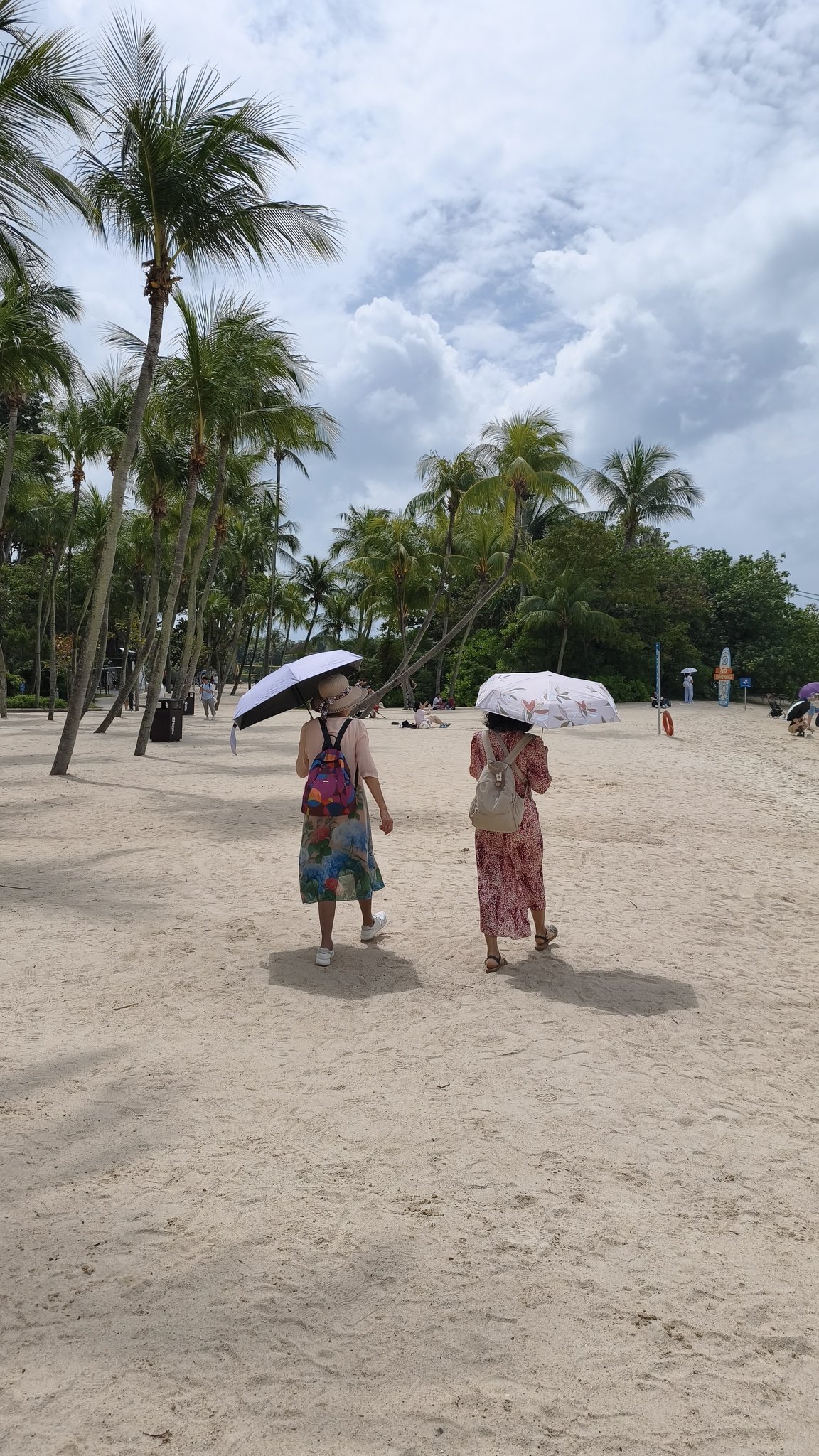 Palawan Beach na ostrově Sentosa s klidným mořem a palmami
