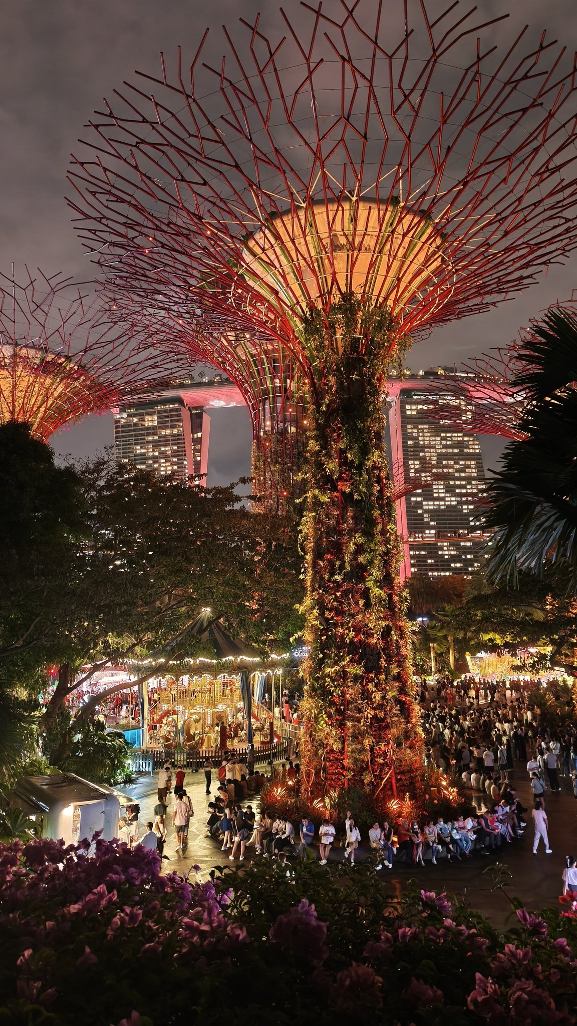 Noční světelná show Garden Rhapsody mezi Supertrees v Gardens by the Bay