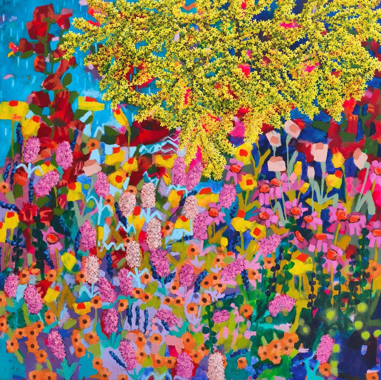 Abstraktní květinový obraz Když rozkvete déšť, 150 × 150 cm – originální malba se zlaticí, růžovými hyacinty a žlutými narcisy.