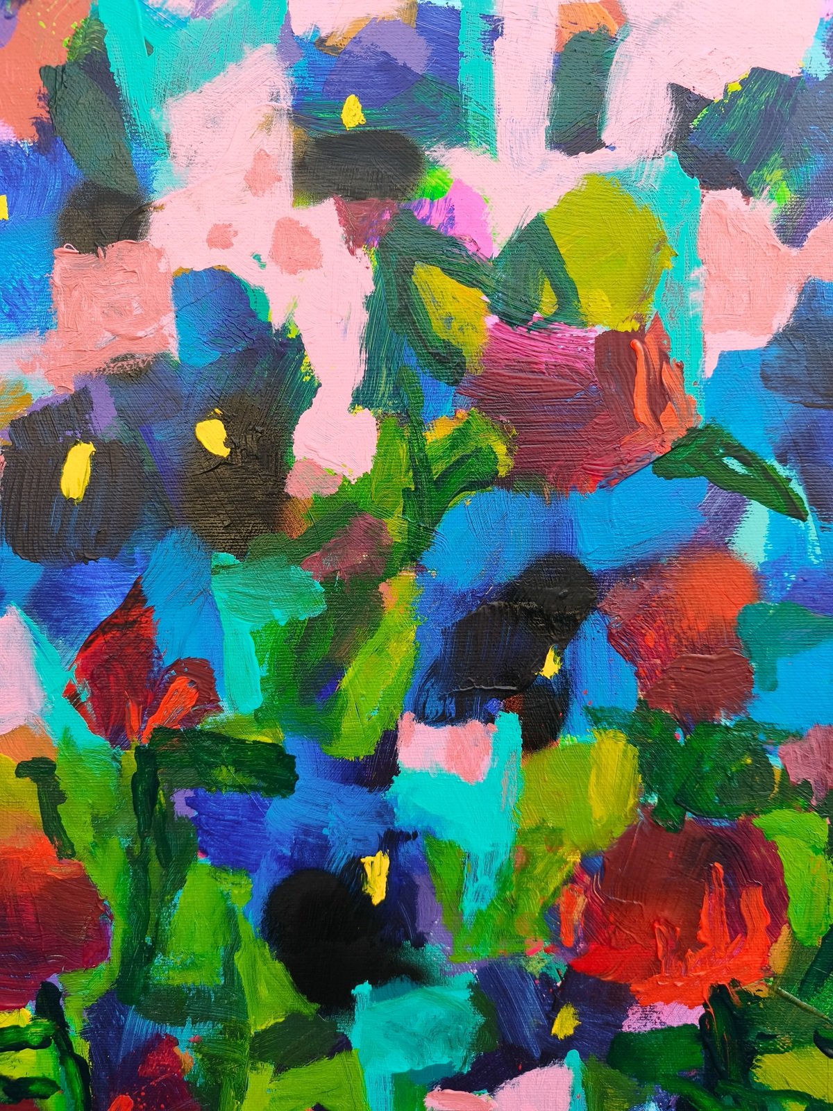 Detail modrých kosatců v obraze