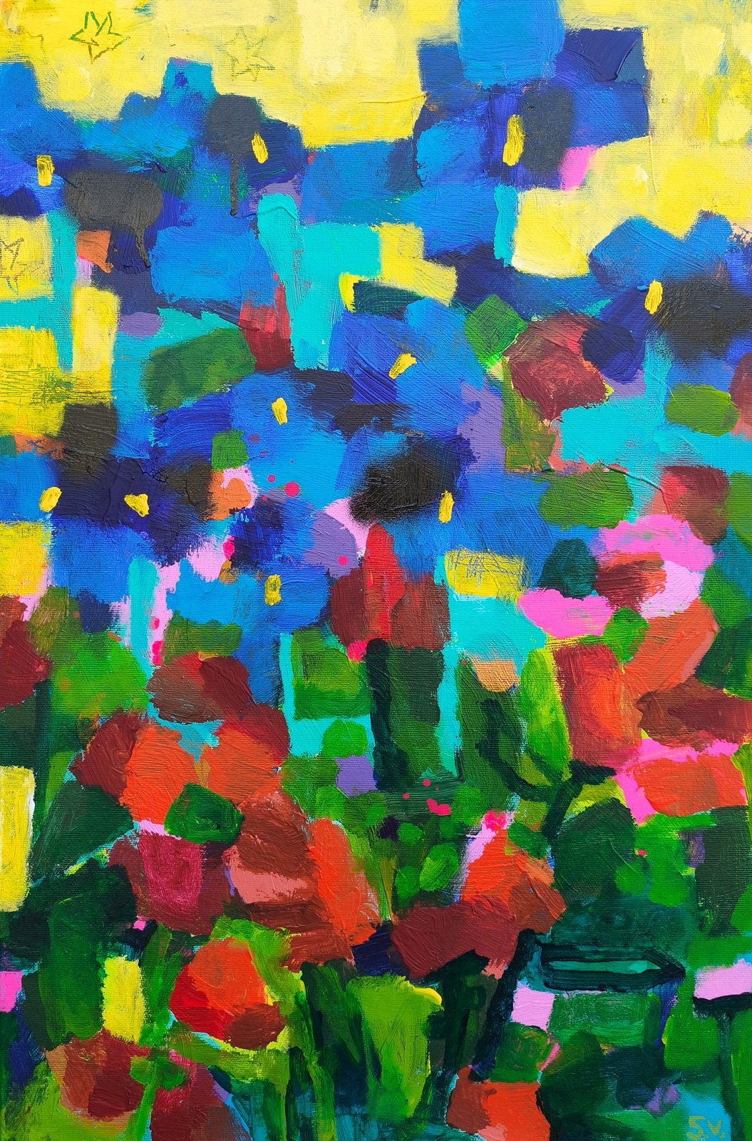 Abstraktní květinový obraz se žlutým nebem a modrými kosatci, moderní dekorace do obýváku nebo ložnice