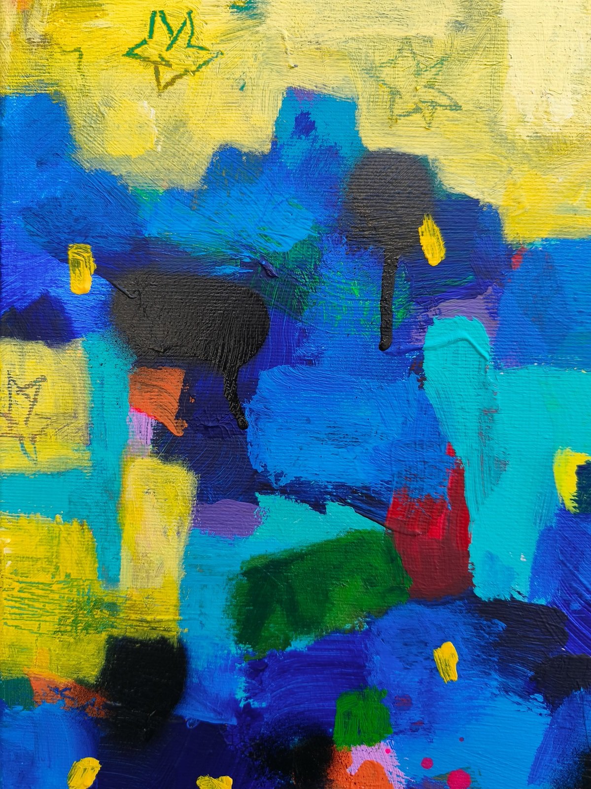 Detail akrylové struktury a vrstvení barev na plátně